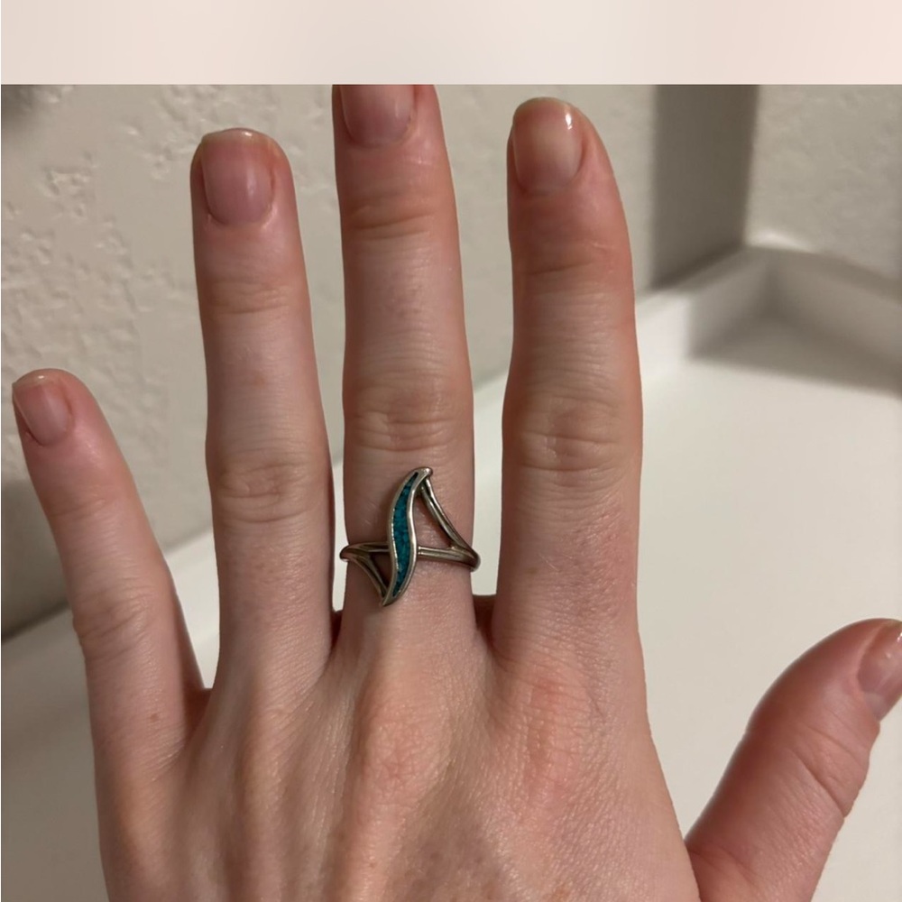 Vintage Sterling Silver Turquoise Inlay Ring • Size 9 - Picture 3 of 7